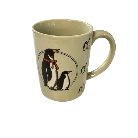 Penguin Hand Painted Stoneware Coffee Mug Shaddy Japan Embossed Cream Black - Picture 1 of 6